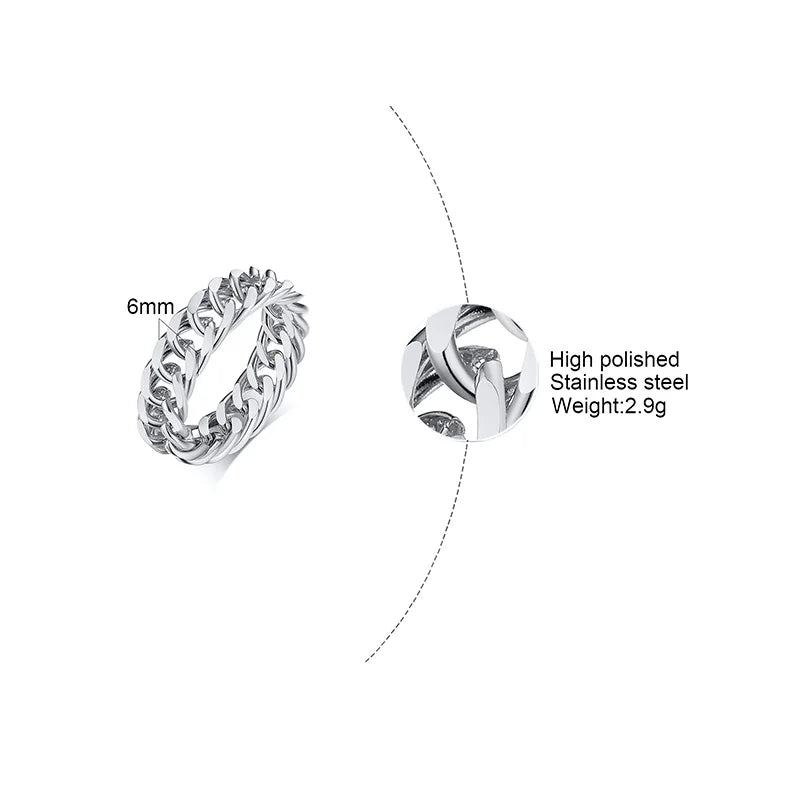 Mens Miami Cuban Chain Ring ,6MM Stainless Steel Curb Link Band Rings