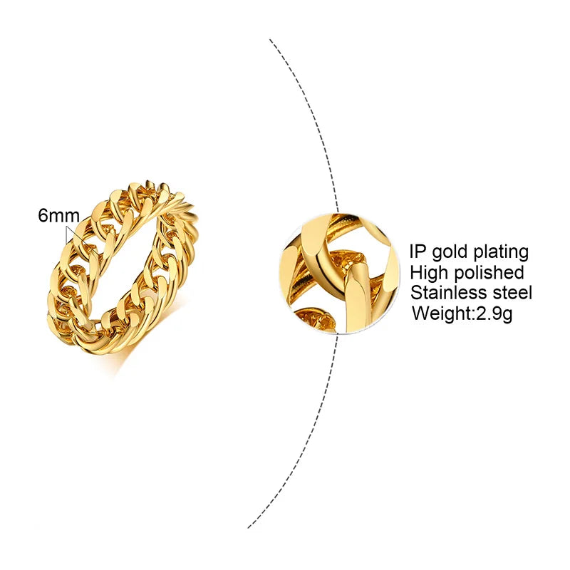 Mens Miami Cuban Chain Ring ,6MM Stainless Steel Curb Link Band Rings